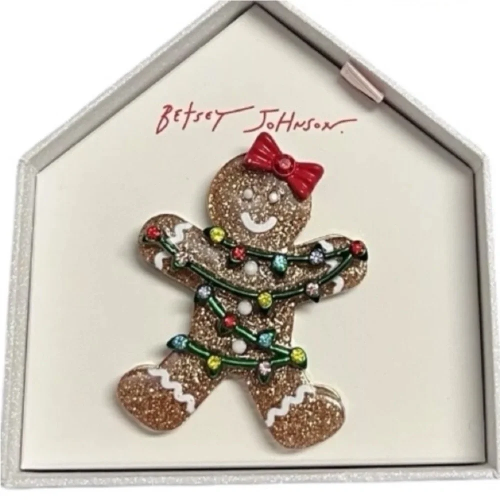 BETSEY JOHNSON SET Christmas Gingerbread in Lights Earrings Necklace Brooch NWT - Picture 10 of 16